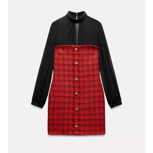 Zara Black Long-Sleeve Tie-Neck Mini Dress with Red Tweed Skirt